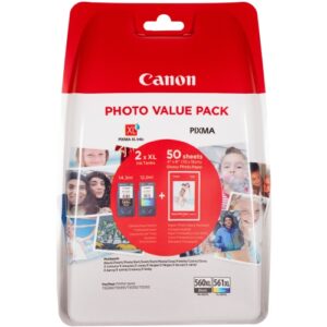 Canon (3712C004) Ink Cartridges PG-560XL Black + CL-561XL CMY + Photo Paper Value Pack 50 sheets